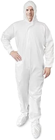 EZGOODZ Disposable Coveralls with Hood, Boots XX-Large, Pack of 5 White Paint Coveralls Disposable, MPP 50 GSM Splash-Resistant Hazmat Suits Disposable, Elastic Wrists, Zip, Unisex Disposable Coverall