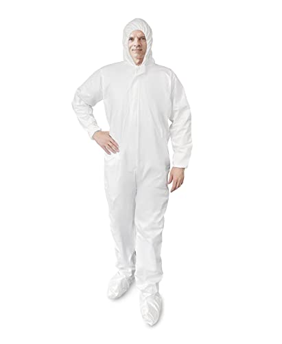 Ezgoodz Disposable Coveralls With Hood, Boots Xx-Large, Pack Of 5 White Paint Coveralls Disposable, Mpp 50 Gsm Splash-Resistant Hazmat Suits Disposable, Elastic Wrists, Zip, Unisex Disposable Coverall #TOP1