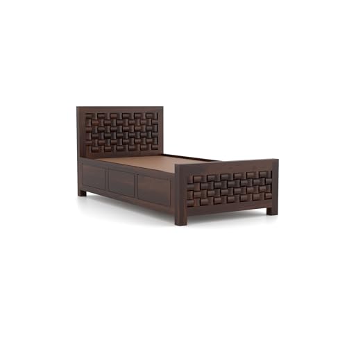 Image of Sheesham Wood Single Size Bed with Storage Box | Wooden Cot for Bedroom | Premium Niwar Design Headboard Bed for Living Room | Walnut Finish