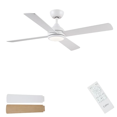 CJOY Ventilador de Techo con Luz 122 cm, Ventilador de Techo con Luz Silencioso y Mando Blanco/Madera 4 Aspas, Reversible CC, 6 Velocidades, 3 CCT Regulable, Temporizador, Para Dormitorio/Casa