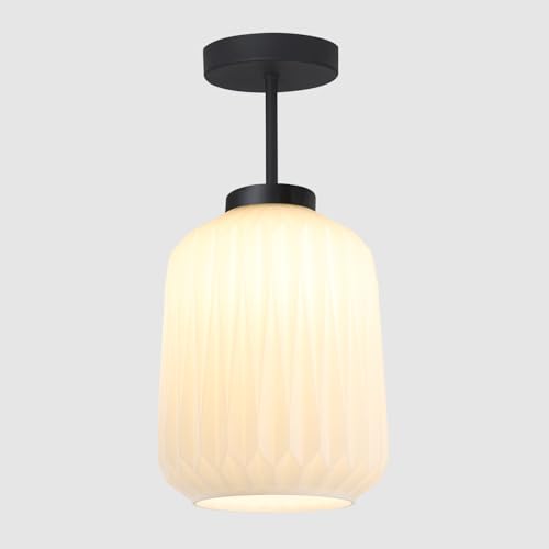 Image of Mid Century Semi Flush Mount Ceiling Lamp - Retro Striation Glass - Vintage Black Close to Ceiling Light for Hallway Passway