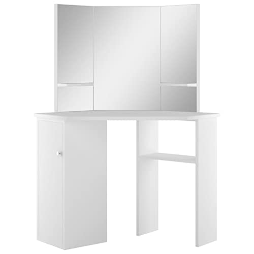 vidaXL Tocador de Esquina Mesa Cosmética Mesa de Maquillaje Espejo Dormitorio Mueble Espacio de Almacenamiento Belleza Moderno Blanco