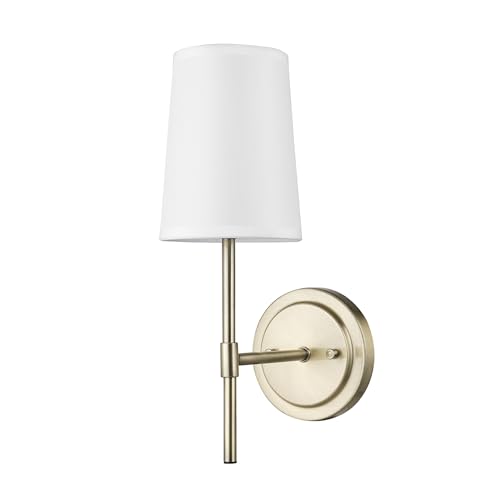 Image of Globe Electric 51861 Clarissa 1-Light Wall Sconce, Matte Brass, White Fabric Shade, Bulb Not Included