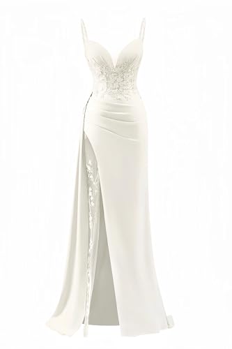 Zeeyecie V-Neck Satin Ivory Prom Dresses Long Mermaid Lace Applique Evening Gown with Slit Pleated Bodycon Formal Dress with Train US0