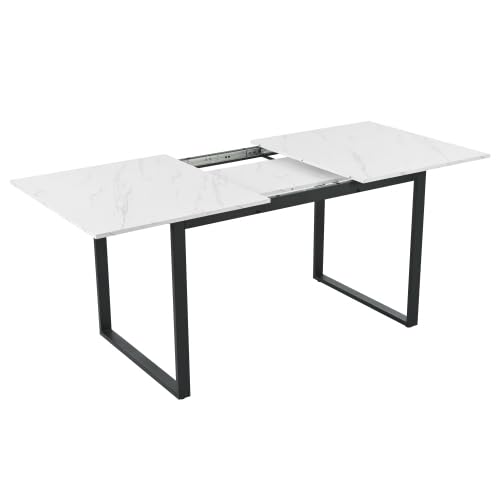 Tavolo da pranzo rettangolare allungabile 140/180 cm, struttura in metallo effetto marmo, tavolo da cucina per 6-8 persone, bianco