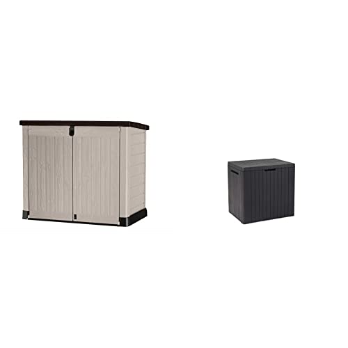 Keter Store It Out Pro Outdoor Storage Shed, 145.5 x 82 x 123cm Beige/Brown & City Outdoor Storage Box Garden Furniture 57.8 x 44 x 55 cm - Dark Grey