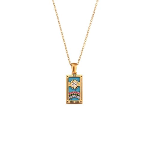 Ceravi Tarot Cards Symbolic Necklaces, Sun And Moon Pendant, 18K Gold Plated Stainless Steel, Square Colorful Enamel Pendant Necklace Jewelry For Wome