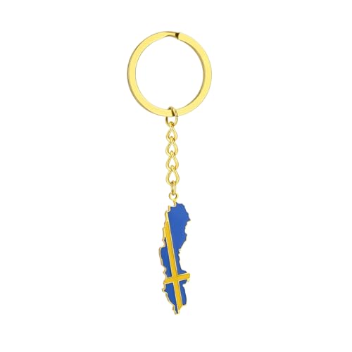 Macracrua Swedish Keyring with Map Pendant & Flag Design Stainless Steel Keychain Swedish Pride Jewellry Gift for Women Men (Gold Colour)