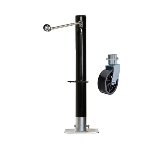 Image of Bastion Distribution Side-Wind Trailer Jack Bundle | 5000 lb Jack with Footpad + 1200 lb Single Caster | Manual Crank | A-Frame Mount | Camper, Utility & Boat Trailer Ready