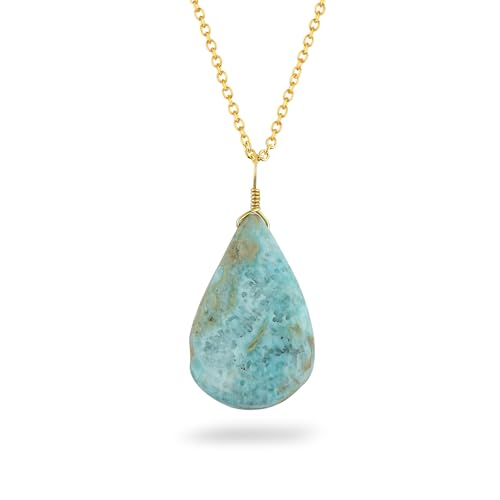 CRYSTALINES Natural Sky-Blue Larimar Gemstone Pendant Necklace | Caribbean Blue Cabochon Stone | Handmade 14K Gold Plated Jewelry | Healing Crystals | Birthday Gift for Women - 18inch