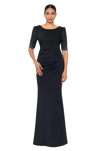 Xscape Womens Scuba Bateau Neck Embellished Short Sleeve Floor Length Dress (Petite), Black, 10P