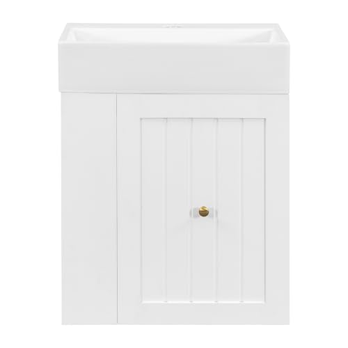 20" Floationg Wall-Mounted Bathroom Vanity with Ceramic Sink, Adjustable Shelf, Toilet Paper Holder, Modern Style, Drawer with Striped Design, White by Merax - Image 4