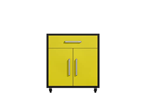 Image of Manhattan Comfort Eiffel 28.35 inch Rolling Garage Cabinet with 1 Drawer, Soft Close Doors, and 2 Shelving Spaces, Wooden Mobile Outdoor Storage for Kitchen Pantry, Laundry, Office and Shop, Yellow