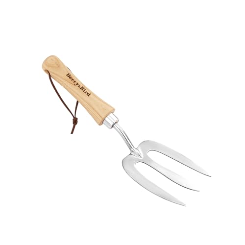 Berry&Bird Gardening Hand Fork, Stainless Steel Hand Weed Fork, Traditional Garden Hand Fork Tool with Ergonomic Ash Wood Handle for Weeding Digging Planting and Cultivating