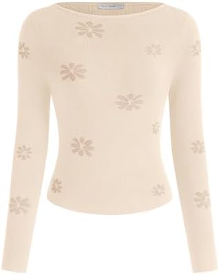 PRETTYGARDEN Long Sleeve Shirts for Women Casual 2025 Fall Knit Slim Fit Basic Lightweight Boat Neck Sweater Crop Tee Tops