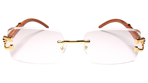 Look Rich Leopard Decor Faux Wood Gold Temple Rimless Hip Hop Clear Lens Glasses