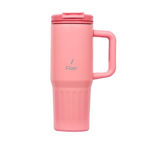 Image of FLAIR Vogue Vacuum Insulated Stainless Steel 750 ml Tumbler with Handle | 2-in-1 Lid with Flip Straw & Sip Spout -Pink | Hot & Cold Beverage Mug | Leak Resistant