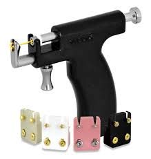 Universal Ear Piercing Instrument Kit with April Bezel Birthstone Studs - Silver OR 24k Gold - 24 Pairs in Hypoallergenic Surgical Steel