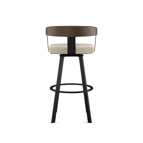 Image of Amisco Lars 26 inch Swivel Counter Height Barstool, Upholstered Stool with Solid Wood Back and Arms for Kitchen Island or Bar, Drees Stool, Cream Boucle Polyester /Brown Wood /Black Metal