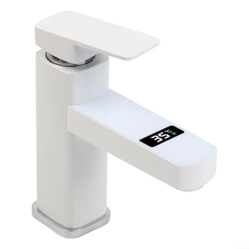 Rehoetom Grifo de pantalla digital para lavabo de baño con control táctil, grifo mezclador termostático de 35 ℃, mezclador de agua fría y caliente de acero inoxidable para (blanco)