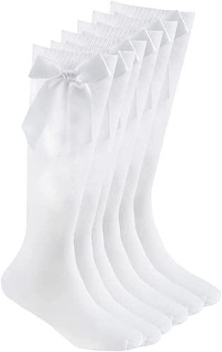 COSHAL® 3 Pairs Girls Knee High School Socks Cotton Socks with Fluffy Ribbons Bow, Back to School Socks Uniform Party Wear Long Socks Girls Bow Knee High School Socks
