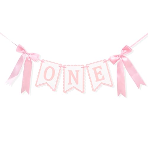 Image of Bow First Birthday High Chair Banner - Pink Bow 1st Party Decoration,Coquette First High Chair Banner,Coquette One Birthday Photo Prop (bow 1st)