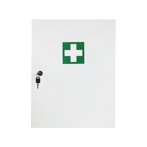 First Aid Products Verbandschrank D – inkl. DIN 13157:2021 Füllung – Medizinschrank Metall mit Gummidichtung, 3 Ablagefächer + 3 Türfächer - robust & staubgeschützt - 48,5 x 40 x 20 cm