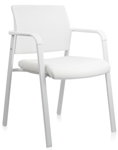 Image of CLATINA Stacking Office Chairs | Mesh Back, Thicken Leather Seat and Streamline Arms, Ergonomic Lumber Support | Guest Reception, Waiting, Conference, School, Party, Customer, Side, Stationary, White