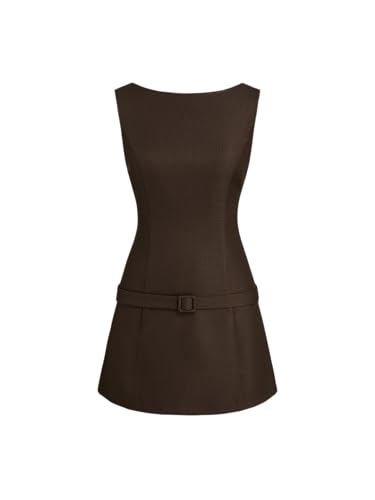 CIDER Mini Dress with Belt Backless Boat Neck Low Waist Casual Dress Party Holiday Clubbing