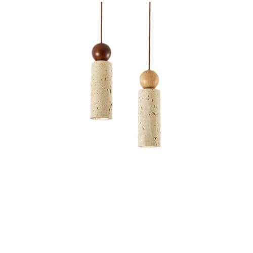 Isla de cocina iluminada con lámpara colgante lineal rústica de tira larga en travertino 5