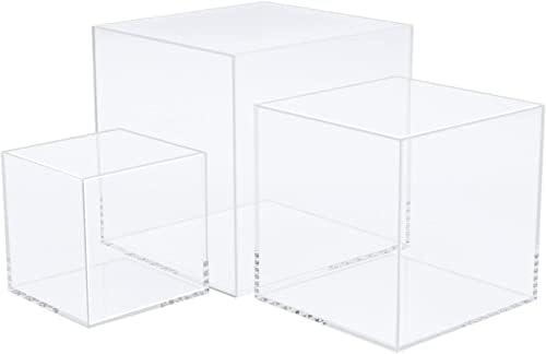 Clisela 3pcs Acrylic Cube Display Stands Box Risers with Hollow Bottoms, Food Risers for Buffet Table, Decorative Display Stand Shelf for Dessert Collectibles Jewelry Figures Show - Clear 3