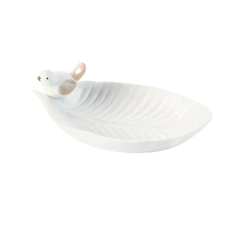 Bandeja De CeráMica para Joyas Bandeja de cerámica for joyería, Ideal for Guardar Joyas, Anillos, Collares, Pulseras, Pendientes, Hojas con pájaro, decoración del hogar.(White)