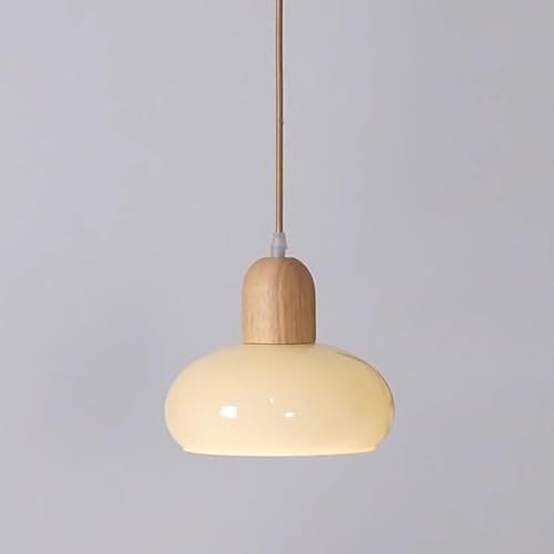 PIPI HARE Glass Dome Pendant Light Cream Glass Hanging Ceiling Lamp Kitchen Island Pendant Lighting, Modern Wood Suspended Lights for Dining Table Bedroom Living Room Restaurant 7.87″ Pendant Lamps