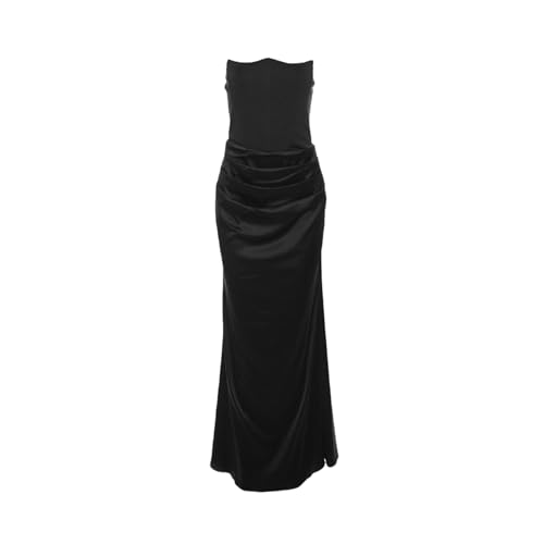 Image of ANKOMINA Women's Strapless Boned Corset Satin Dress Sexy Backless Pleated Stitching Dresses for Wedding Cocktail