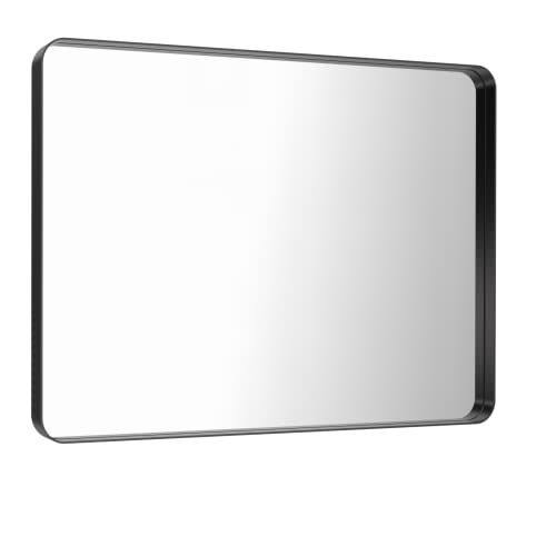 LOAAO 40X32 Inch Black Metal Framed Bathroom Mirror for Wall, Matte Black Bathroom Vanity Mirror Farmhouse, Large Rounded Rectangle Mirror, Anti-Rust, Tempered Glass, Hangs Horizontally or Vertically