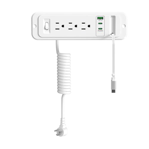 Drawer Outlet with 20W Retractable USB C Cable HEZI Furniture Recessed Power Strip Plug in 4 USB & (3) 15 Amp AC Outlets Hidden Charging Station for Desktop ETL Listed.