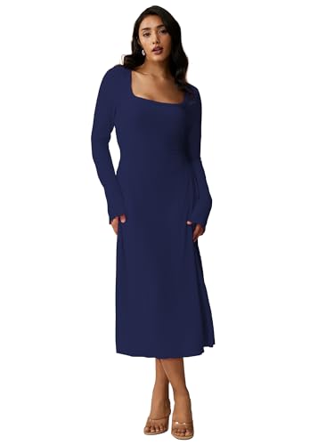 Image of Shasmi Women's Square Neck A-Line Dress - Long Sleeve, Tie Waist, Knitted Stretchable, Casual & Office Outfit, Solid Winter Midi Dress for Women (Dress 221)