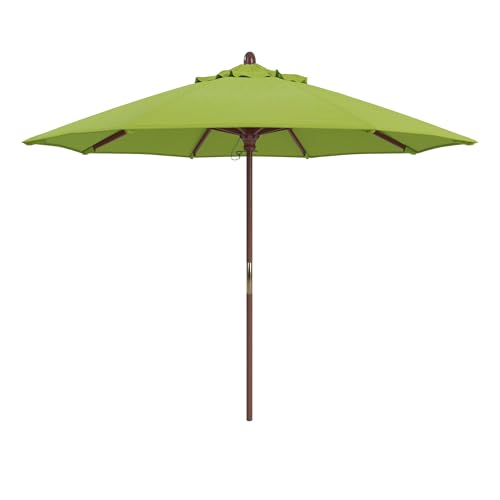 California Umbrella 9' Premium Commercial Hardwood Patio Umbrella, Manual Lift With Sunbrella Macaw Fabric