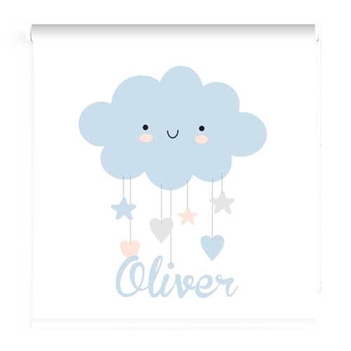 Estor Infantil Azul Personalizado con Nombre – Estor infantil niño de Luna, Nubes y Estrellas – Cortina Enrollable Translúcida para Habitación de Bebé o Niño (40x60)