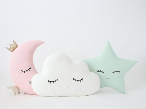 Image of SARO Cute Cloud Moon Star Pillow with Crown, Kids Cushion, Soft Toy, Soft Plush Pillow, cot, Nursery decor, Baby (Pack of 3, 16x16 inch, Velvet) | (Set 3 Moon Cloud Star Multi)