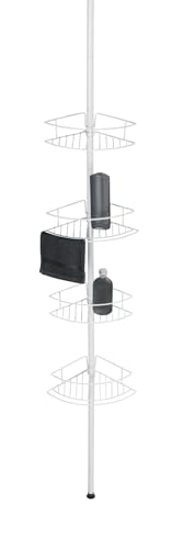 WENKO Etagère d'angle télescopique Dolcedo blanc mat, étagère d'angle à pincer pour la douche avec 4 paniers, montage sans perçage, en inox