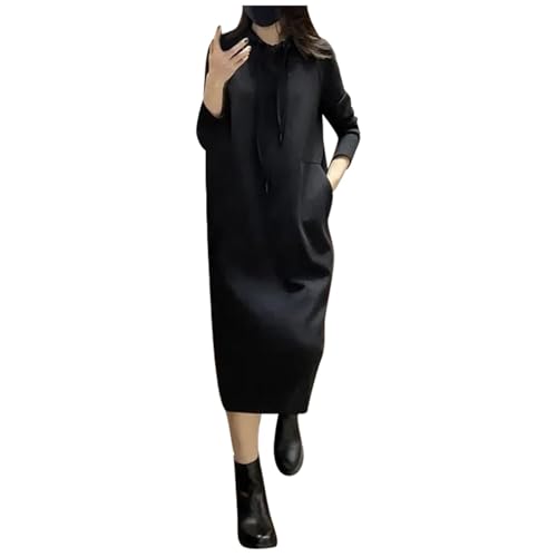 Generisch Vestido largo con capucha para mujer con bolsillos, vestido informal de sudadera de longitud midi | Cómodo vestido con capucha para otoño e invierno, Style_j01 Negro, XXL
