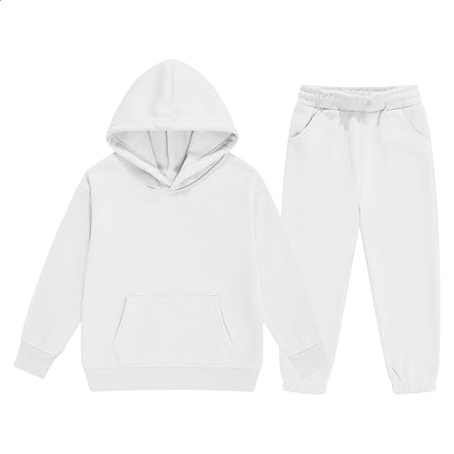 Boy Girl 2 Piece Outfit Kids Crop Tops Hoodies Long Sleeve Fashion Sweatshirts and Sweatpants (A-White, 9-10 Years)