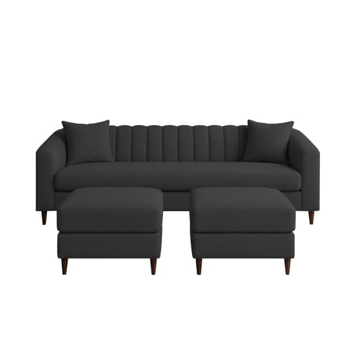 Image of Doraldo 3 Seater Sofa Set with 2 Ottoman for Living Room (Black) Premium Fabric Sofa