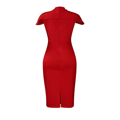 Women's Elegant Pleated Bodycon Dress Crewneck Short Cap Sleeve Formal Work Midi Pencil Dress Red2