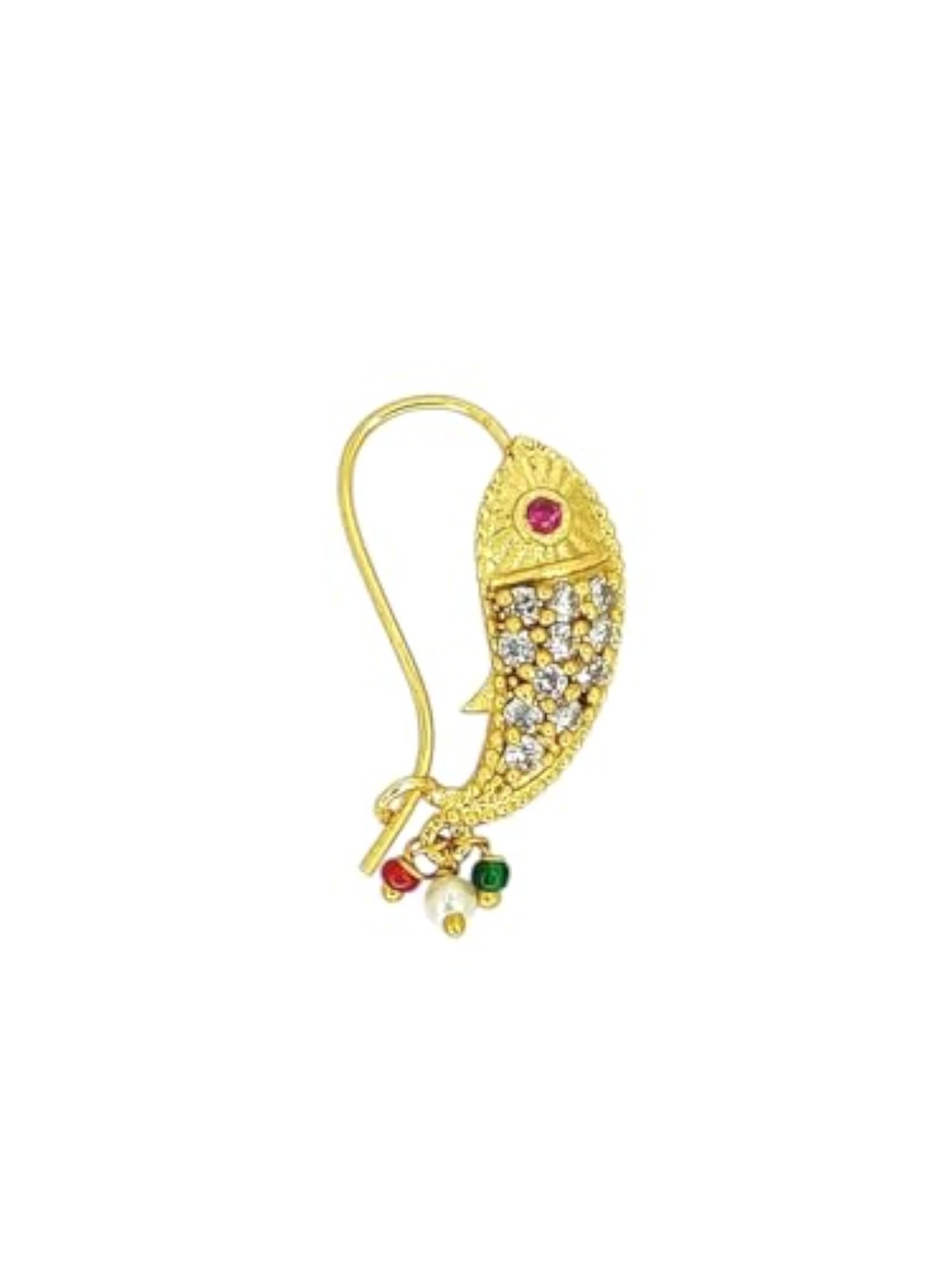Gold Plated Fish Design Cubic Zircon Studded Clip On Nosepin