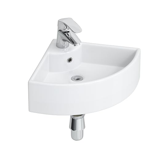 Petit lavabo d'angle en céramique, 460 x 330 mm, blanc, petit lavabo, pour invités et petites salles de bains, montage mural ou en saillie, avec trou de...