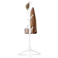 Unisakey Durable Wooden Coat Rack, Freestanding Coat Rack with Stable Triangular Base, 8 Hooks & 3 Adjustable Heights, Simple Assembly for Bedroom, Hallway, Office(New White)