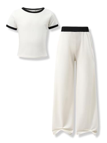 Klyatpxoen Girls Clothes Size 13 14 Years Old Basic Short Sleeve Tops and Wide Leg Pants Set 2 Piece Kids Outfits Apricot 13-14 Years