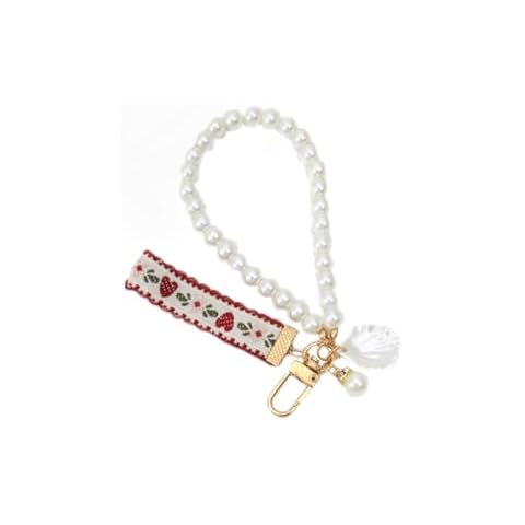 LNYMZD Red Cute Women's Imitation Pearl Chain Key Chain Girl Heart Strawberry Lace Ribbon Car Pearl Key Ring Charm Pendant Bag Hanging Keychains Accessories Cover
